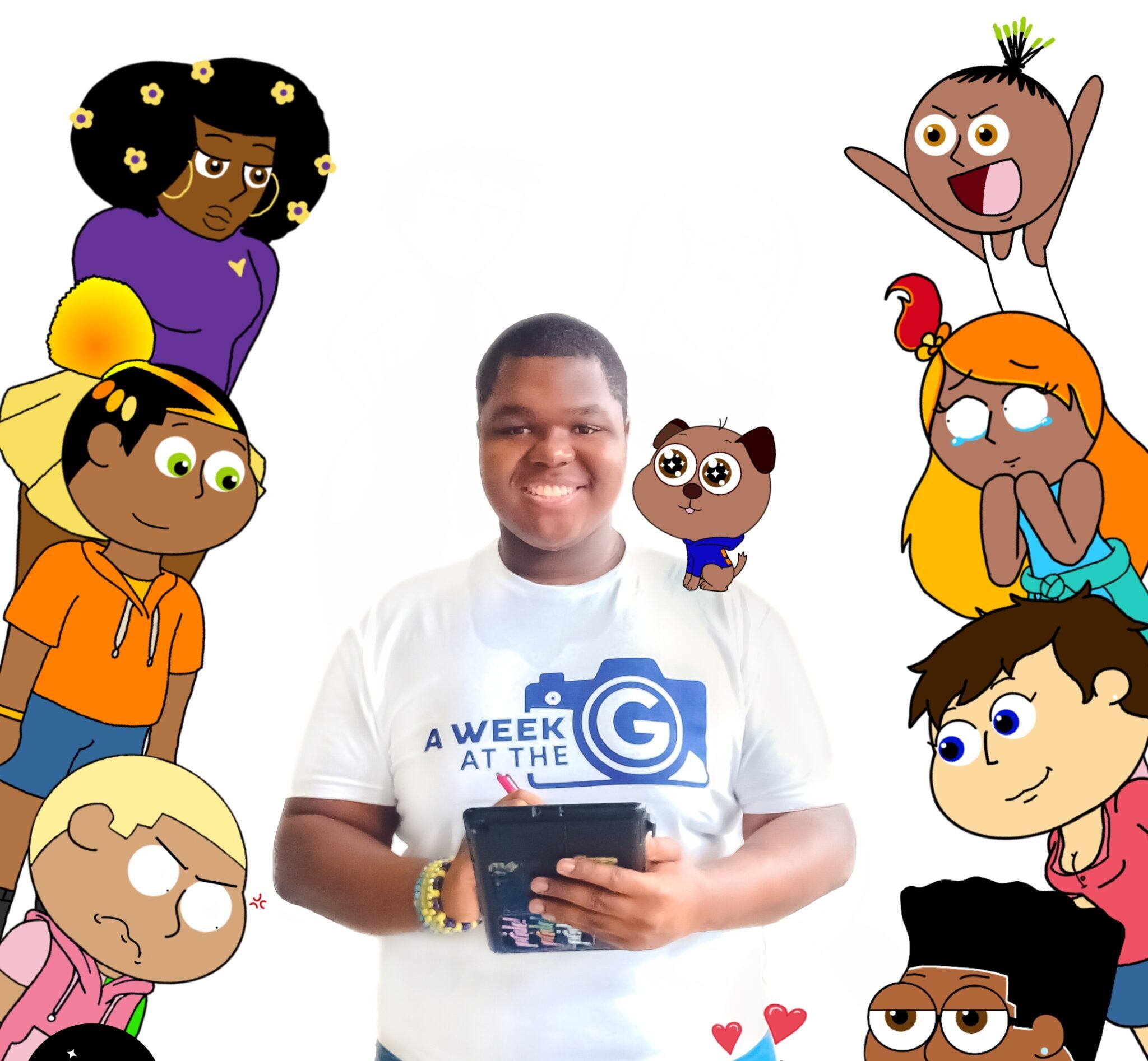 Student wearing the “A Week at the G” t-shirt, he's holding his tablet which he uses to create animated cartoons and characters.