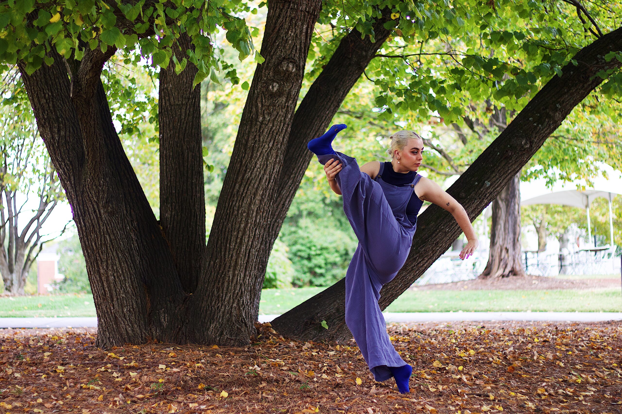 A dancer kicks her leg high as she practices under a tree in the quad.