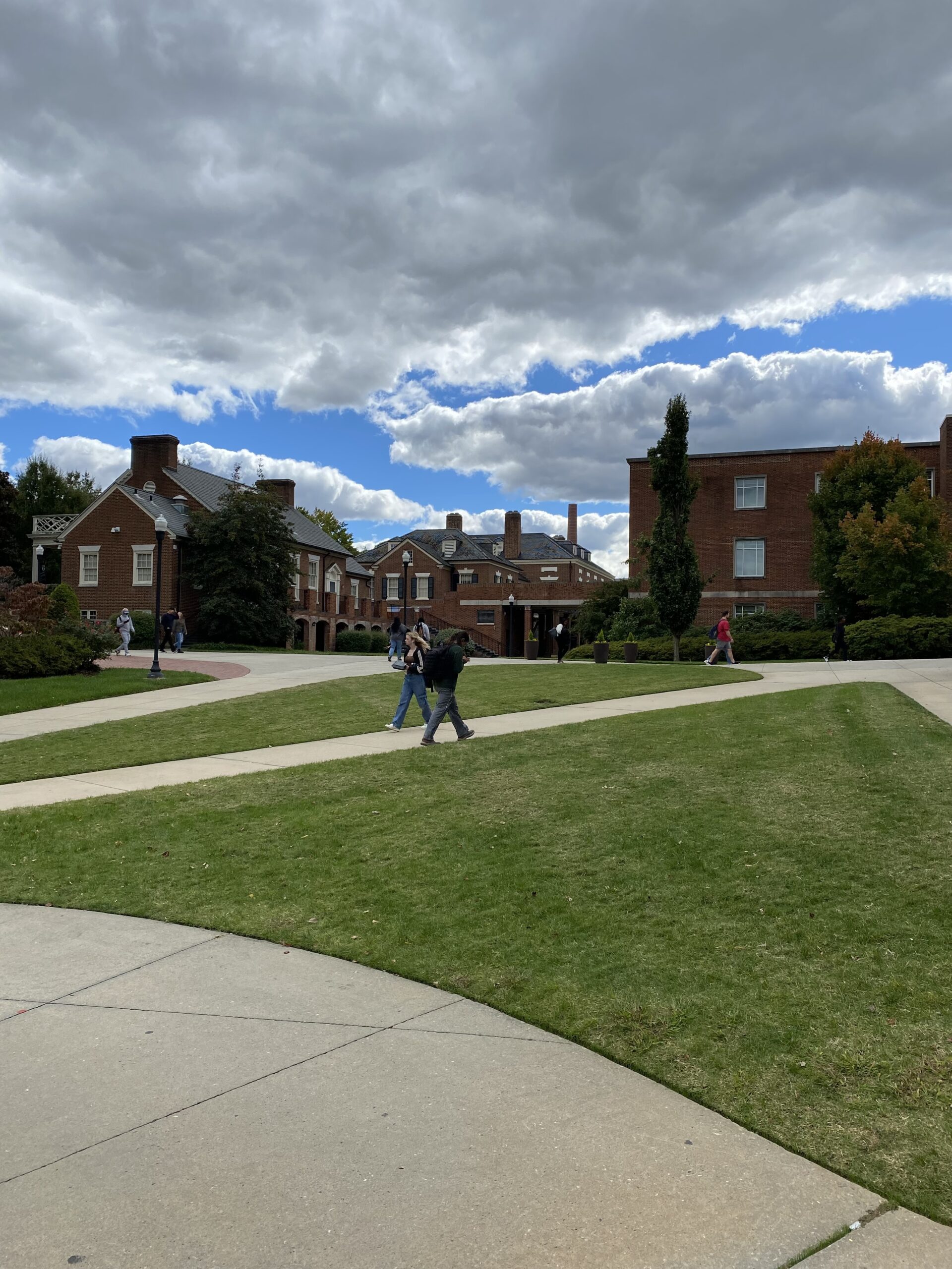 UNCG students walking to class on a cloudy day