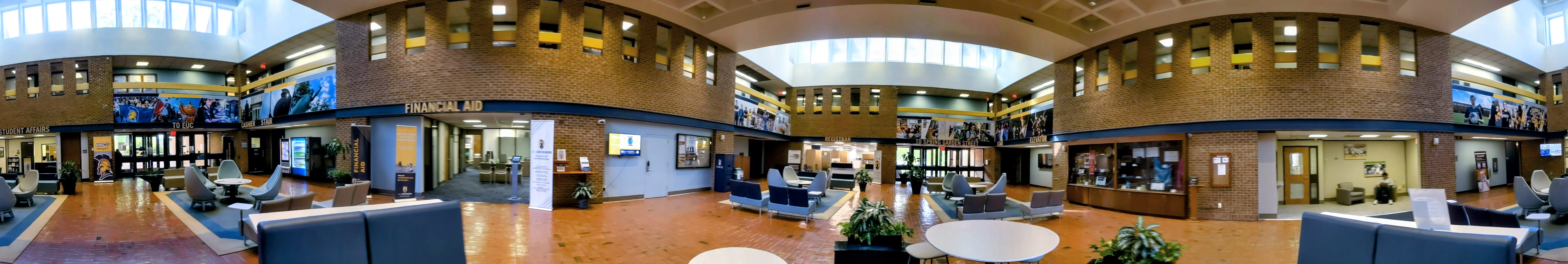 Panoramic view of the Mossman Building lobby