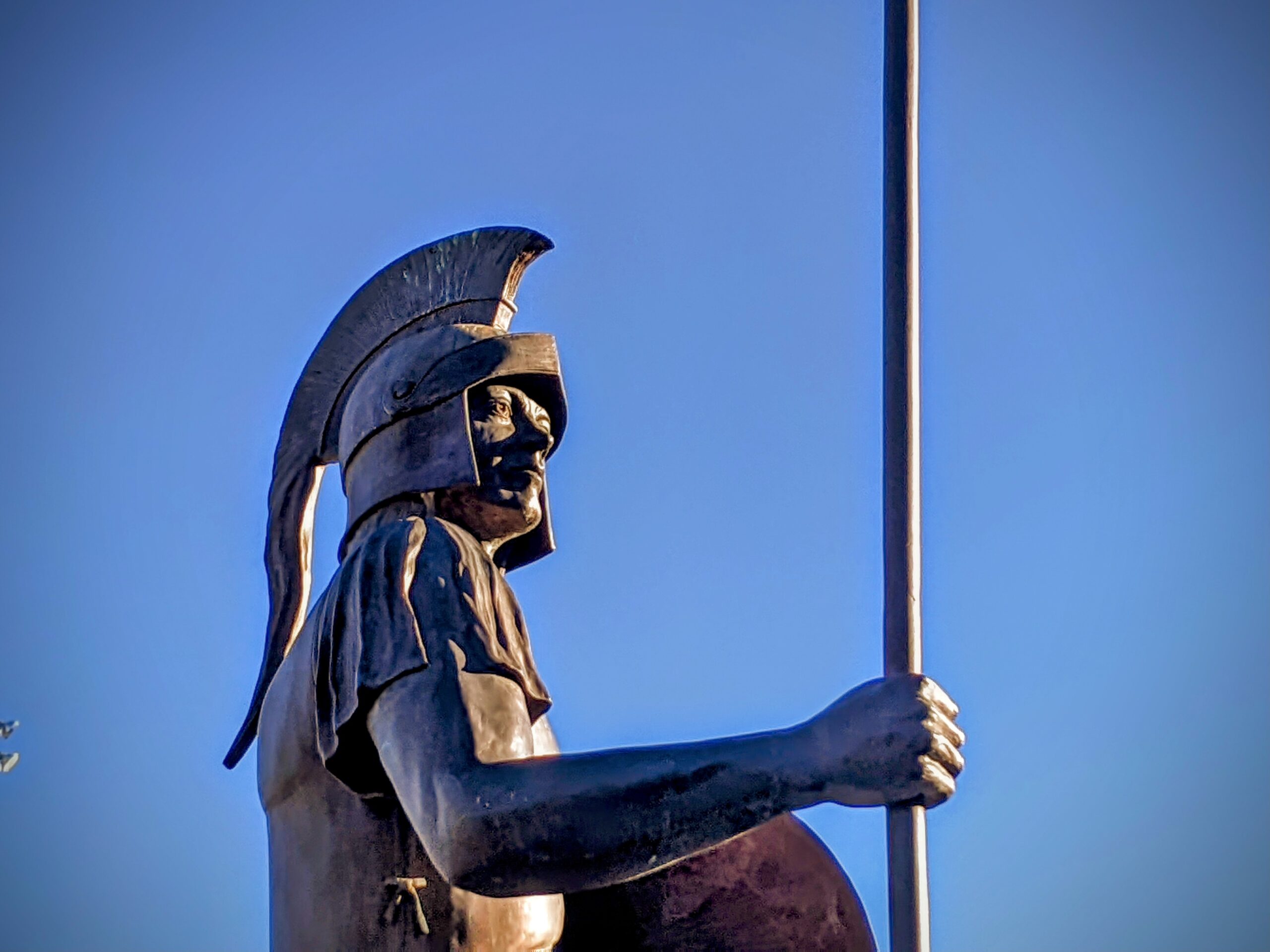 The Spartan statue facing the morning sun.