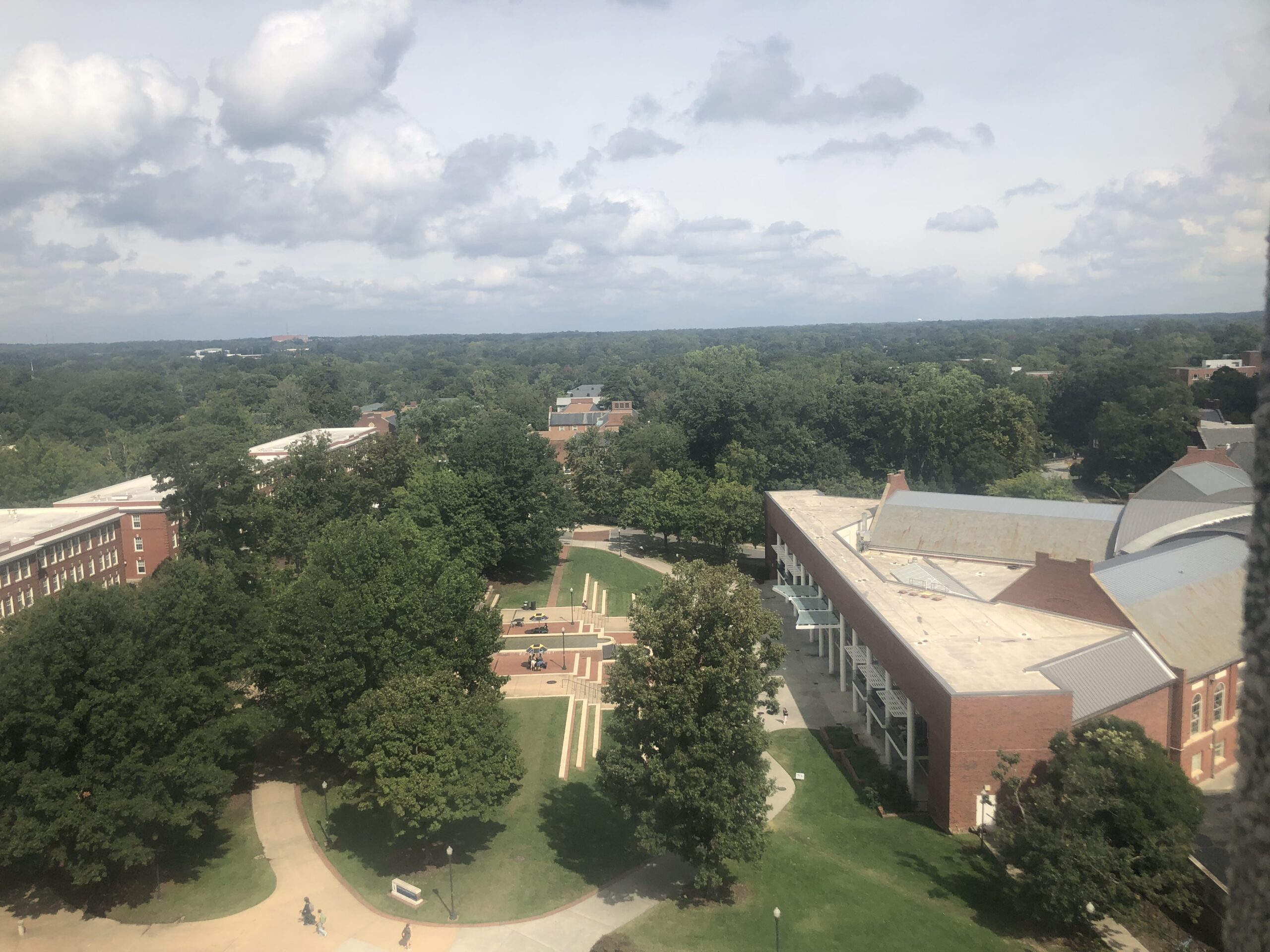A sunny day at the G, looking down at the blossoming trees and students in action below.