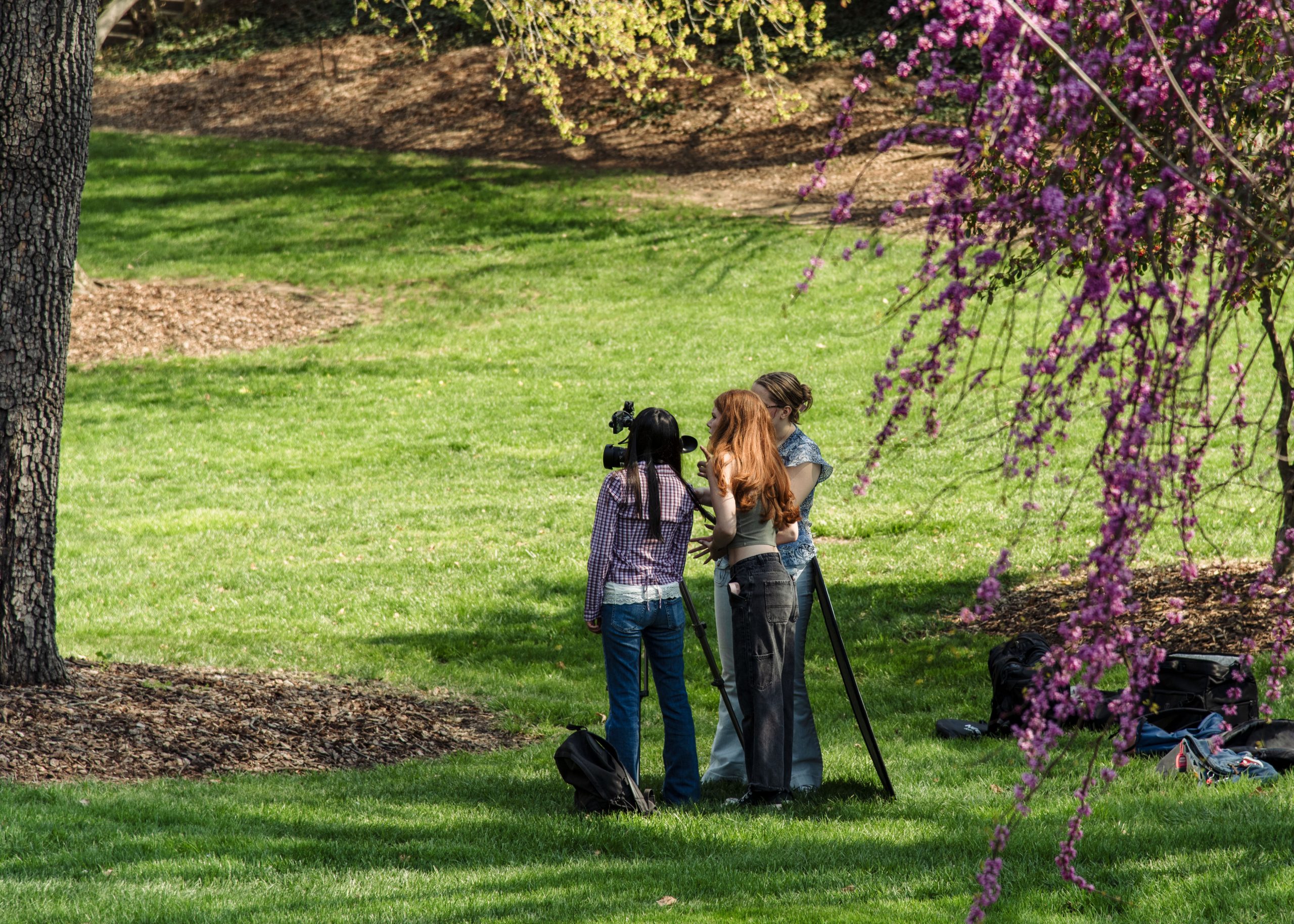 Three students work with a camera on a tripod on a lawn at UNCG