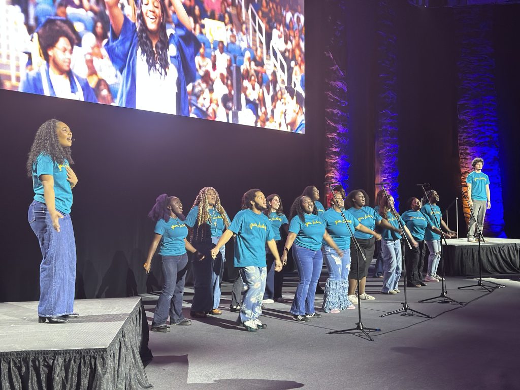 Students in the College of Visual and Performing Arts perform at a Light the Way campaign celebration at Bodford Arena.