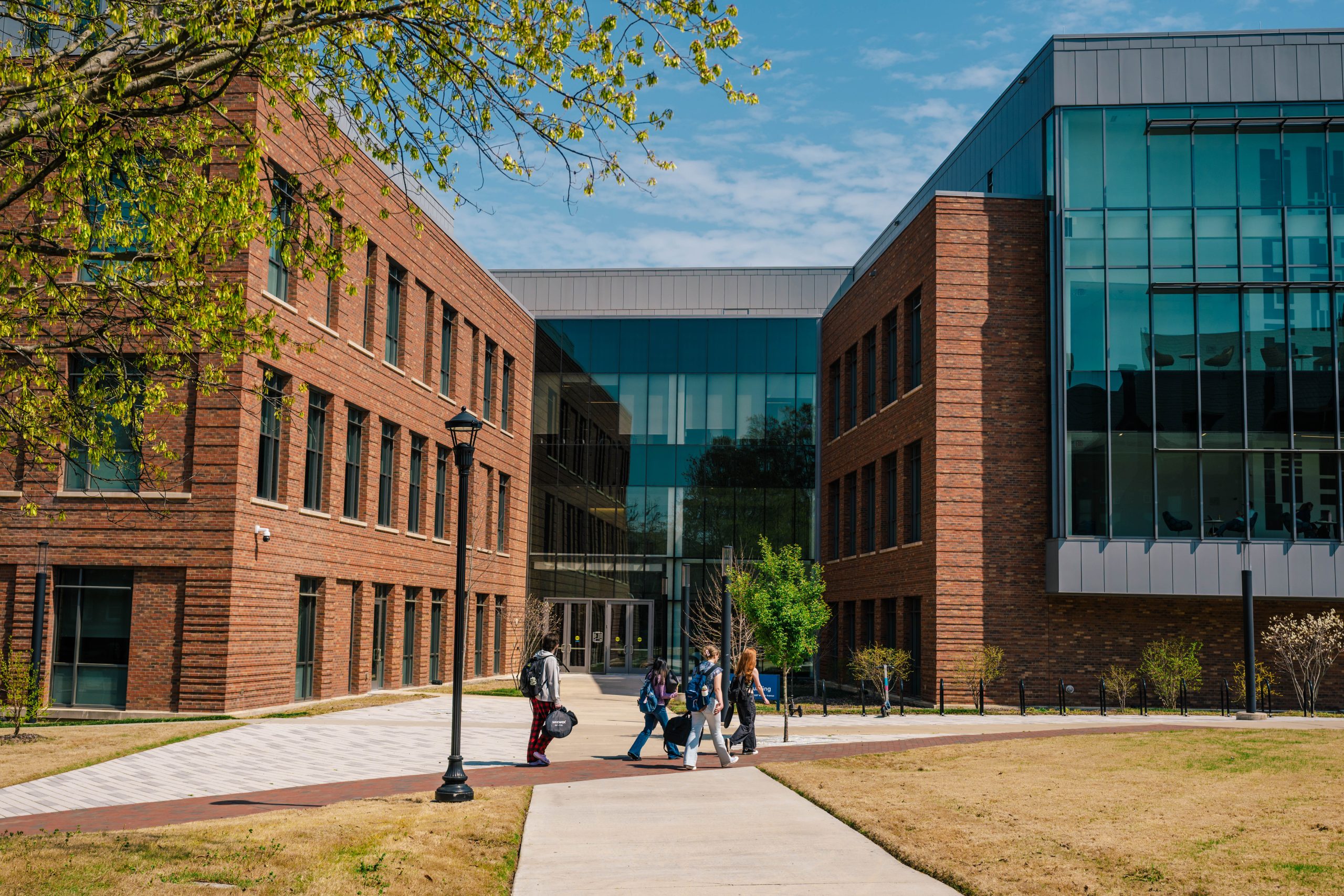 A group of students walks by the NIB between classes.