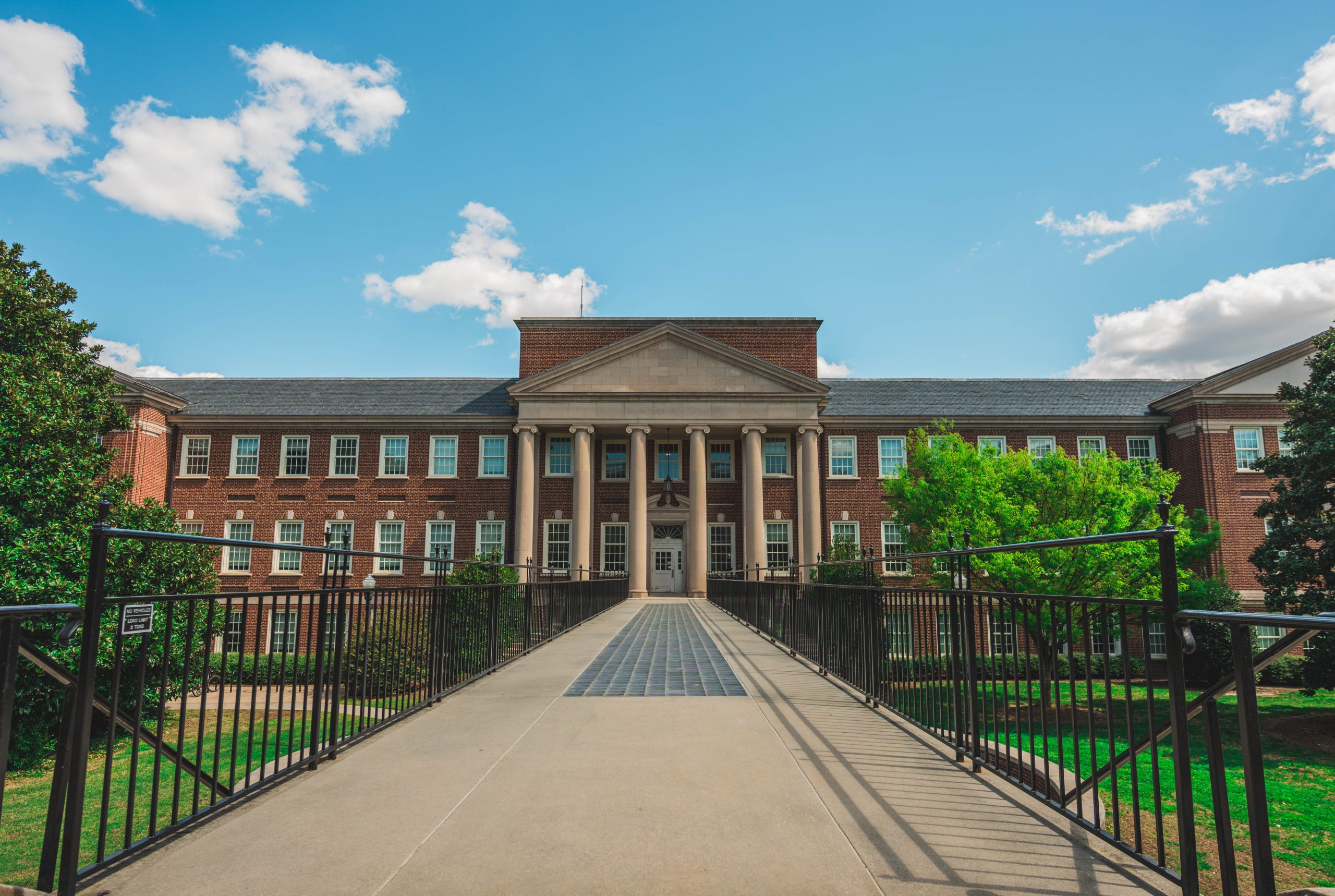 The newly renovated Petty Building entrance and bridge off of College Avenue.