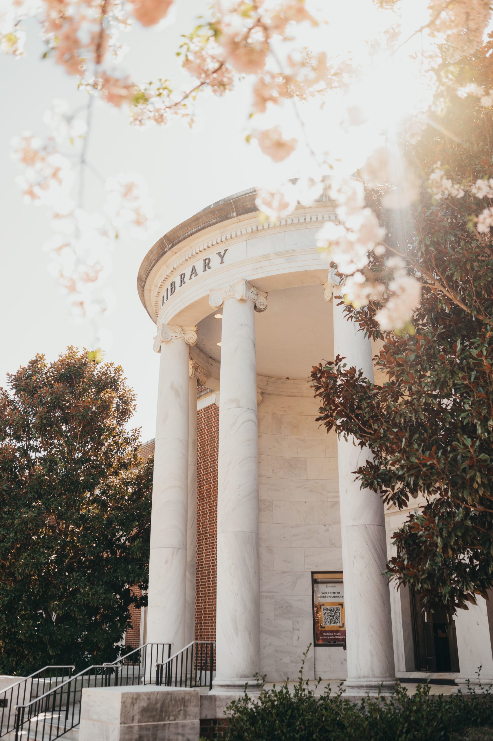 Spring color and a warm start to the week bring an extra spark of life and curiosity around campus, including Jackson Library.